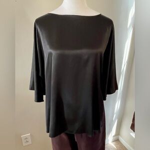 Zoran Vintage Designer 100% Silk Charmeuse Black Blouse, Boat Neck, Side Slits